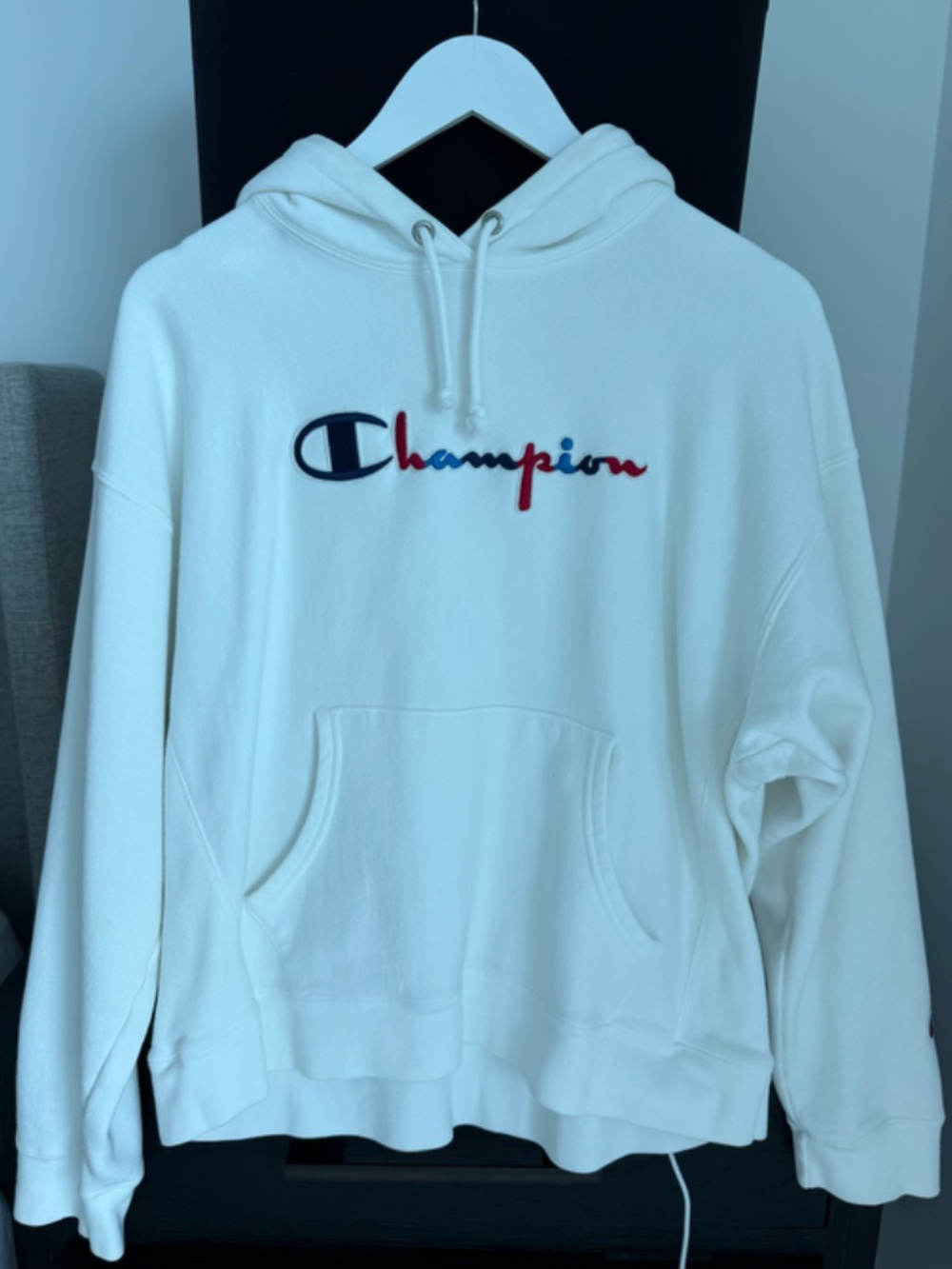 Champion Reverse Weave White Sweatshirt Script Logo Hoodie